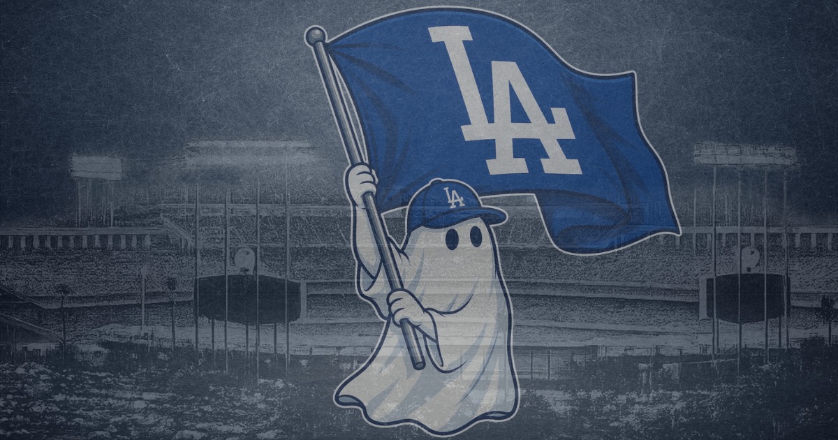 A ghost in a Dodger blue cap holding a flag, presiding over an empty Dodger Stadium at dusk.